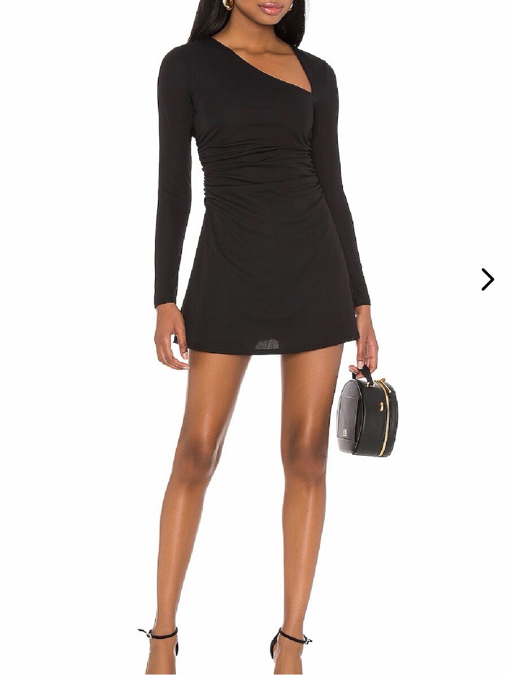 Lovers + Friends Penelope Black Mini Dress S Asymmetric Ruched Long Sleeve LBD